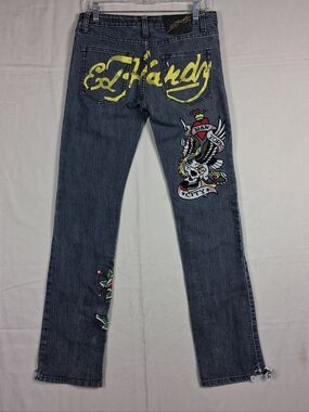 Vintage Ed Hardy Blue Jeans Embroidered Distressed Womens Size 30 New York City